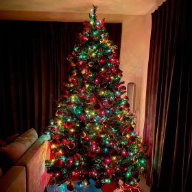 Traditional Christmas tree with red and gold ornaments and red, yellow, blue, and green lights