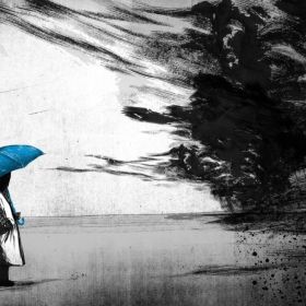 Person Holding Umbrella with an Approaching Storm