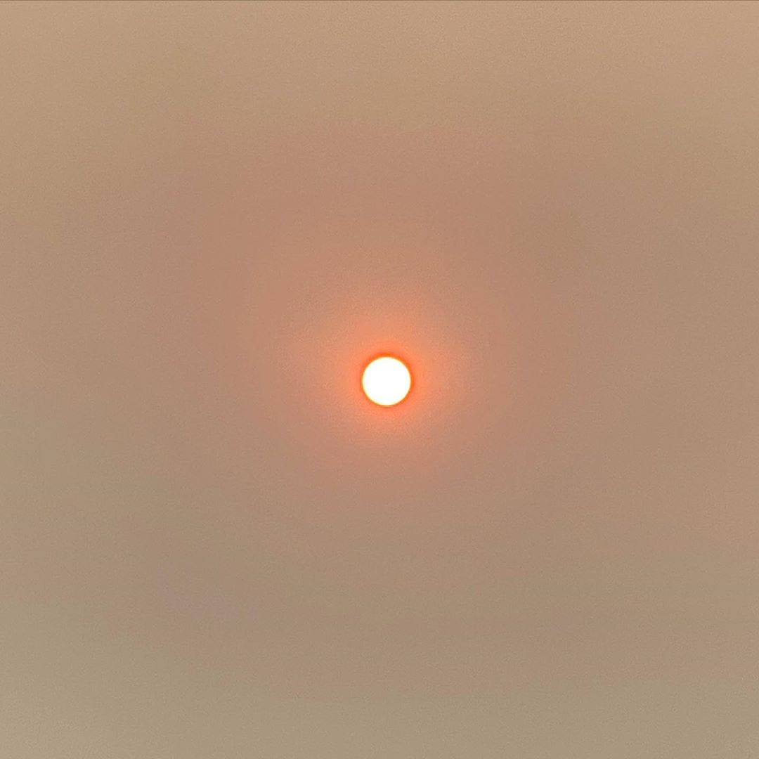 Sun looking orange in the sky with haze from fires on 2 February 2020