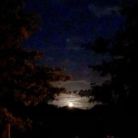Supermoon is rising over houses in Northwood with a dark inky blue sky above it