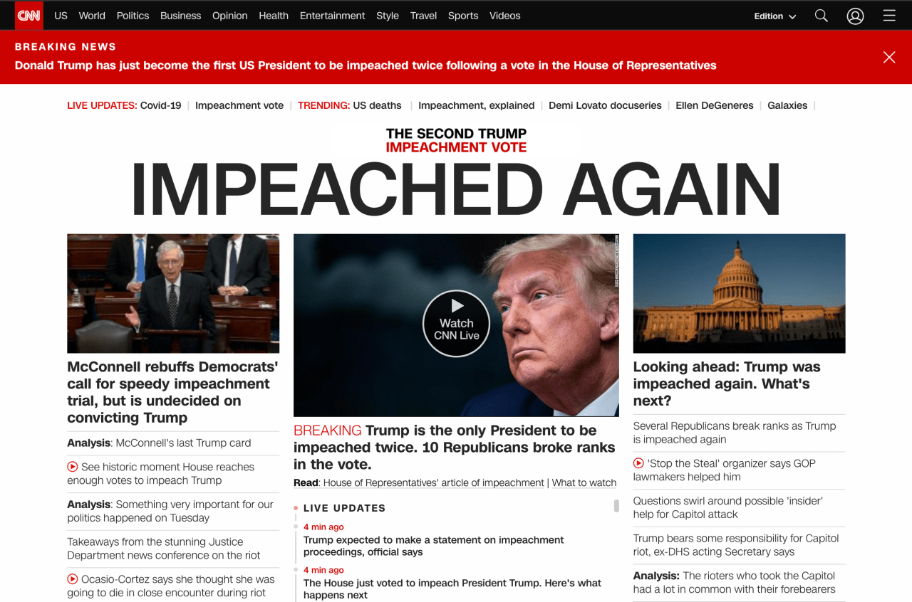 Screen shot of CNN Web site on 14 January 2021 (New Zealand Daylight Savings Time) with the Headline "Impeached Again"