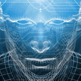 Wire frame computer-generated outline of a human face and head