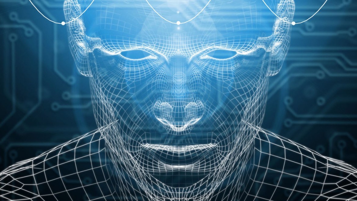 Wire frame computer-generated outline of a human face and head