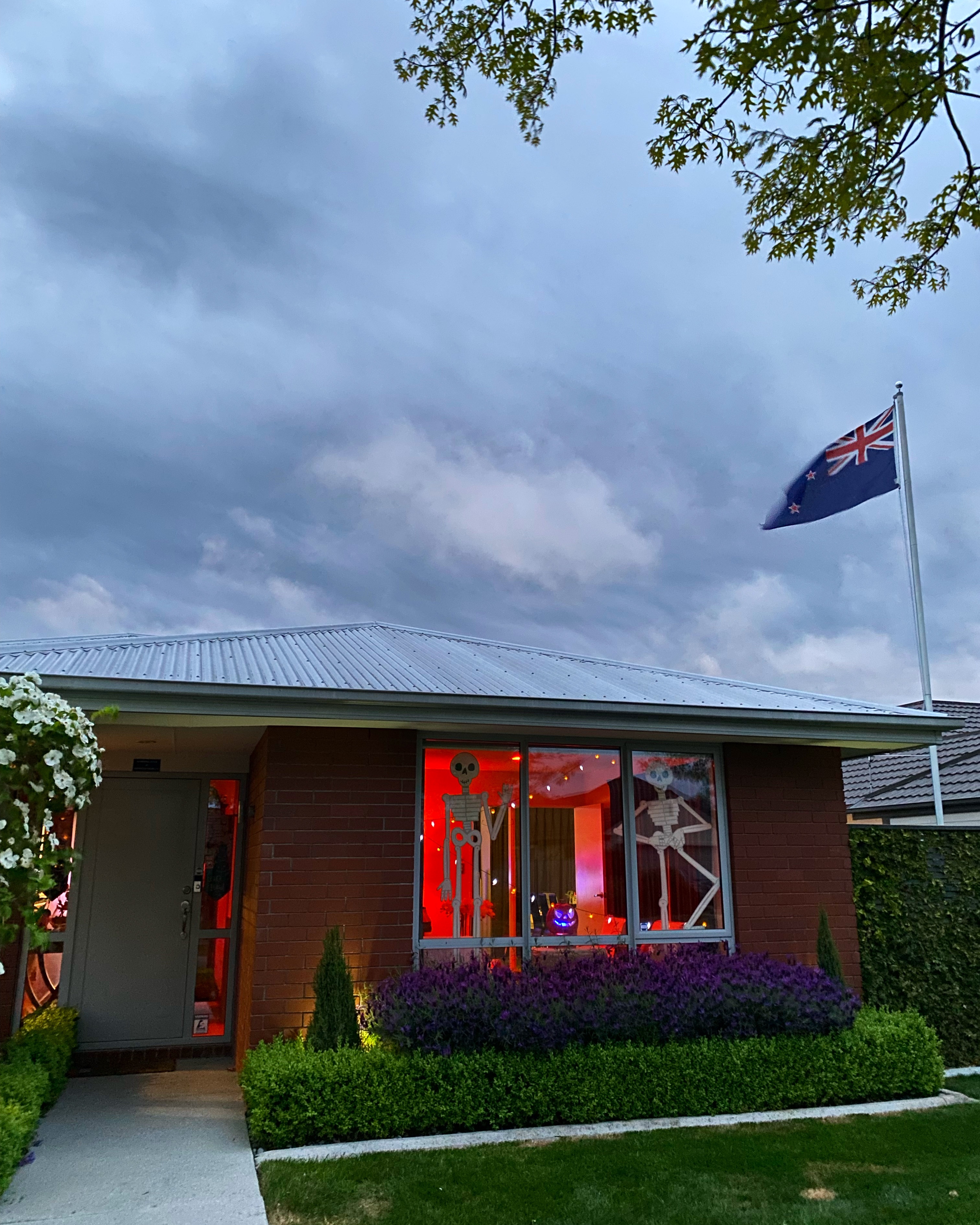 House with stormy skies and New Zealand flag waving in the wind. The living room is illuminated red. Cardboard cartoon skeletons pose in the front window. An illuminated Jack O'Lantern sits on a pedestal in the front window.