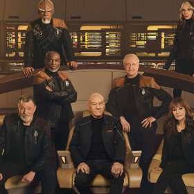 The Star Trek: The Next Generation cast on the bridge of the USS Enterprise-D in Star Trek: Picard season 3.